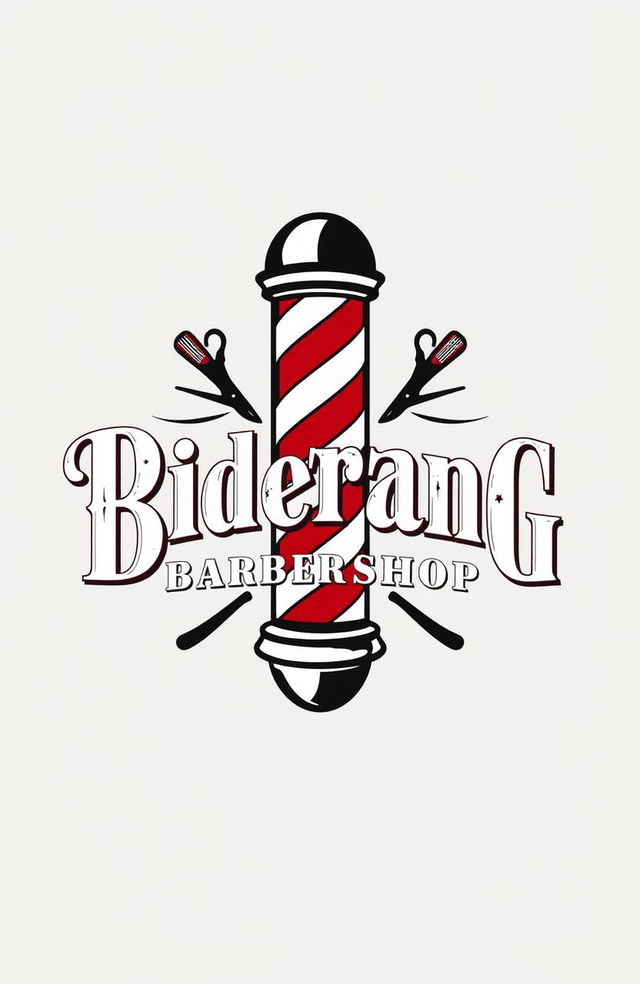 A modern logo design for 'Reza Biderang Barbershop', featuring a stylish, vintage barber pole intertwined with elegant typography