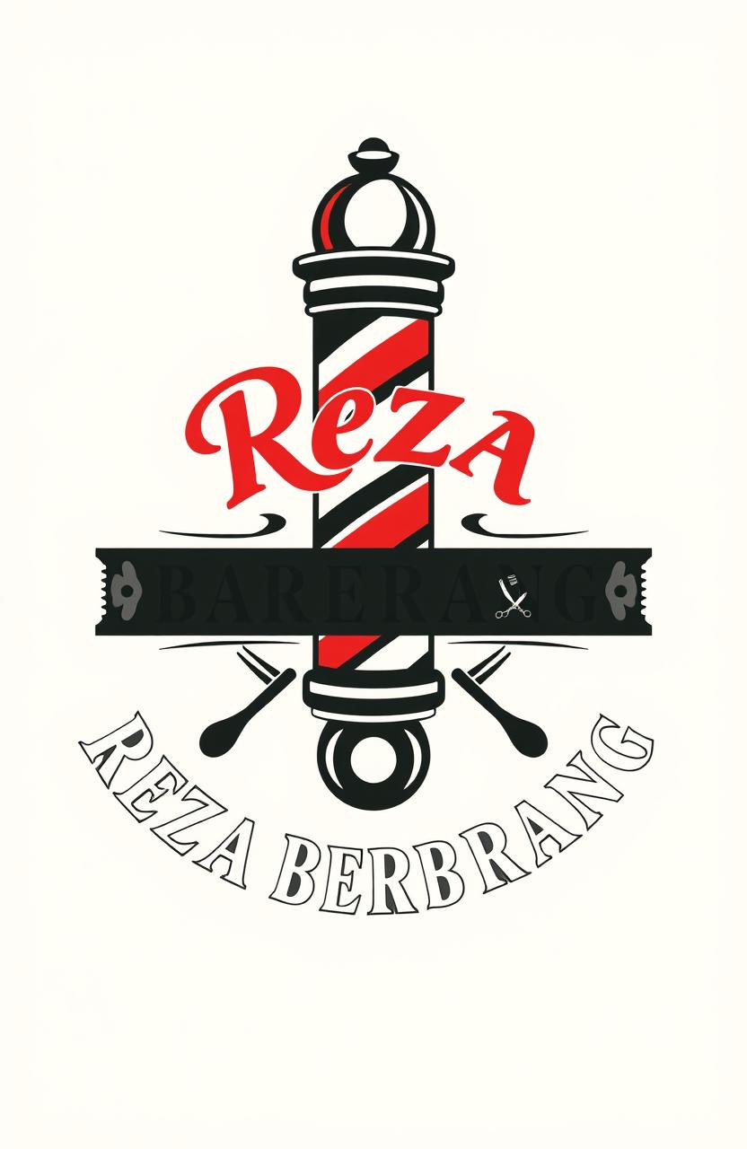 A modern logo design for 'Reza Biderang Barbershop', featuring a stylish, vintage barber pole intertwined with elegant typography