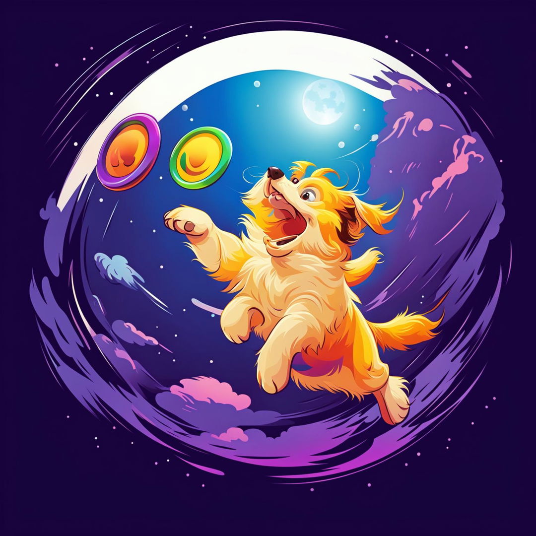 An animated image of a joyful, golden-furred dog leaping in the air to catch a rainbow-colored frisbee, set against a stunning night sky backdrop with a radiant moon