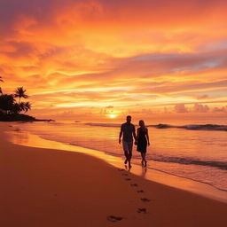 A breathtaking sunset over a serene beach with golden sand and gentle waves