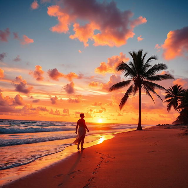 A breathtaking sunset over a serene beach with golden sand and gentle waves