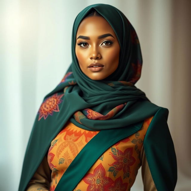 A stunning fashion model wearing a stylish and vibrant hijab, showcasing modern fashion