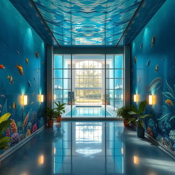 A beautifully decorated front wall of an indoor pool area featuring a stunning mural