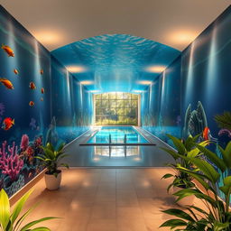 A beautifully decorated front wall of an indoor pool area featuring a stunning mural