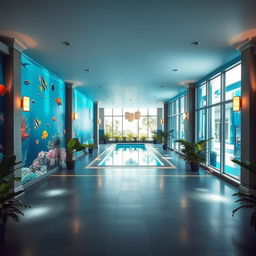A beautifully decorated front wall of an indoor pool area featuring a stunning mural