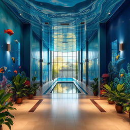 A beautifully decorated front wall of an indoor pool area featuring a stunning mural