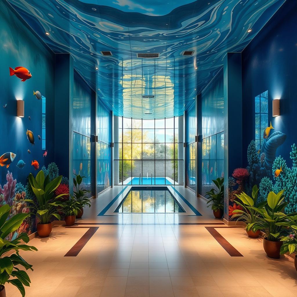 A beautifully decorated front wall of an indoor pool area featuring a stunning mural
