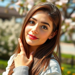 A 22-year-old woman with chestnut brown hair and expressive brown eyes, featuring a slightly rounded nose, a broad forehead, and full lips