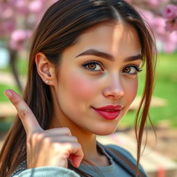 A 22-year-old woman with chestnut brown hair and expressive brown eyes, featuring a slightly rounded nose, a broad forehead, and full lips
