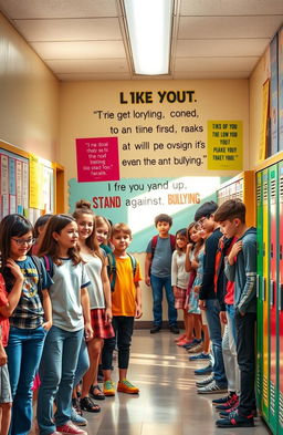 A vibrant school hallway scene depicting a powerful anti-bullying message