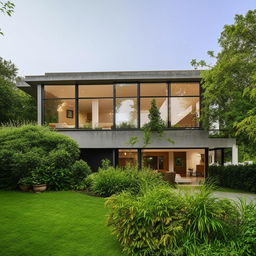 A sophisticated, modern house with large glass windows, open plan living space, surrounded by a lush green garden in a peaceful neighborhood.