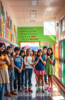 A vibrant school hallway scene depicting a powerful anti-bullying message
