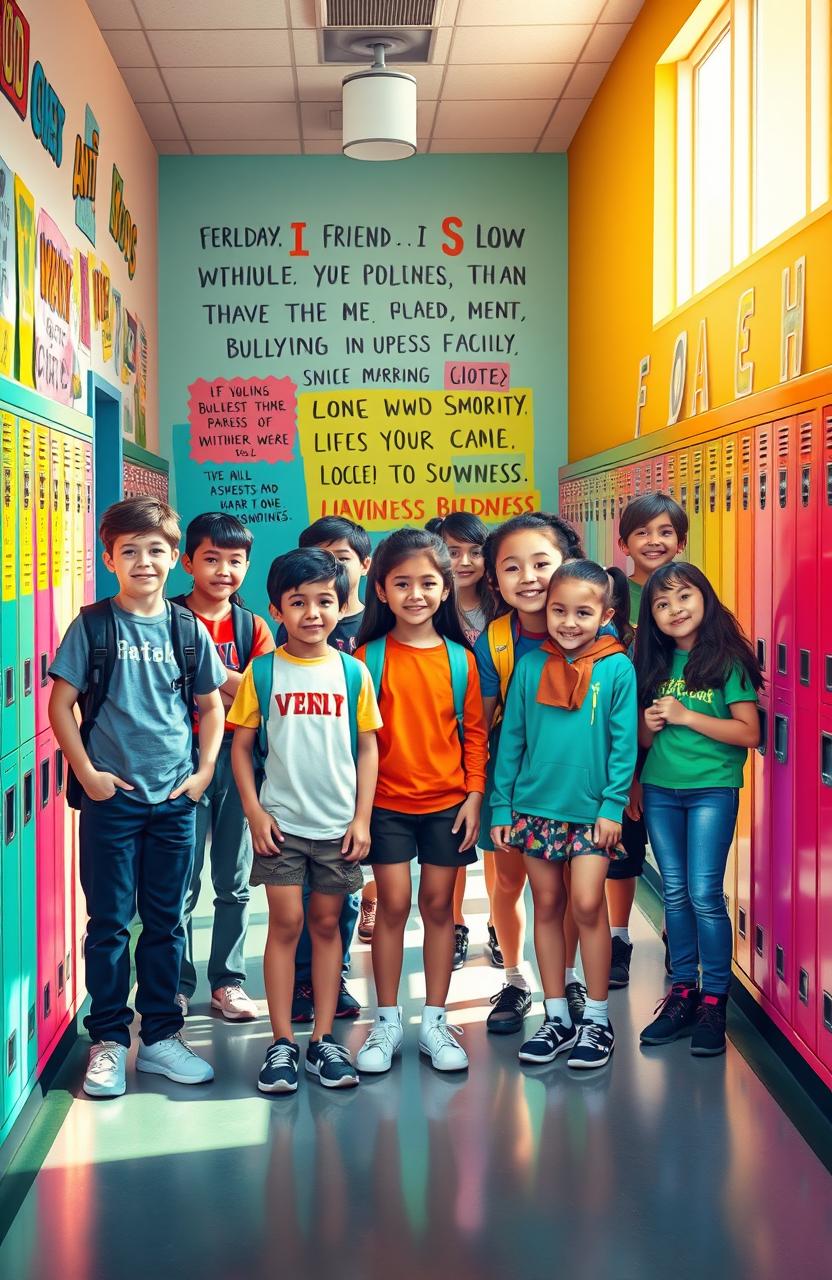 A vibrant school hallway scene depicting a powerful anti-bullying message