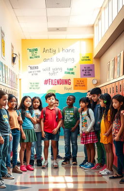 A vibrant school hallway scene depicting a powerful anti-bullying message