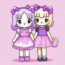 A vibrant digital art image of two girls dressed in Hello Kitty outfits