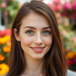 A 22-year-old woman with captivating green eyes that are slightly upturned at the corners, stunning chestnut brown hair, a slightly rounded nose, a broad forehead, and full lips where the bottom lip is slightly fuller than the upper lip