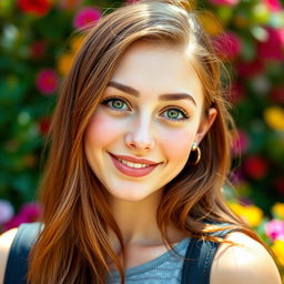 A 22-year-old woman with captivating green eyes that are slightly upturned at the corners, stunning chestnut brown hair, a slightly rounded nose, a broad forehead, and full lips where the bottom lip is slightly fuller than the upper lip