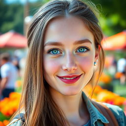 A 22-year-old woman with captivating green eyes that are slightly upturned at the corners, stunning chestnut brown hair, a slightly rounded nose, a broad forehead, and full lips where the bottom lip is slightly fuller than the upper lip