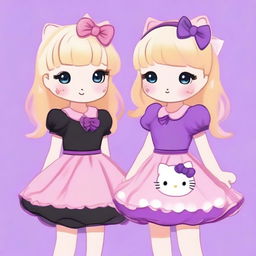 A vibrant digital art image of two girls dressed in Hello Kitty outfits