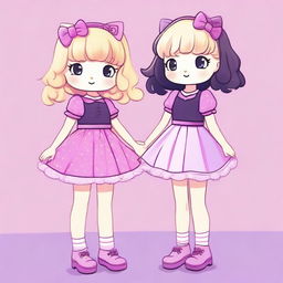 A vibrant digital art image of two girls dressed in Hello Kitty outfits