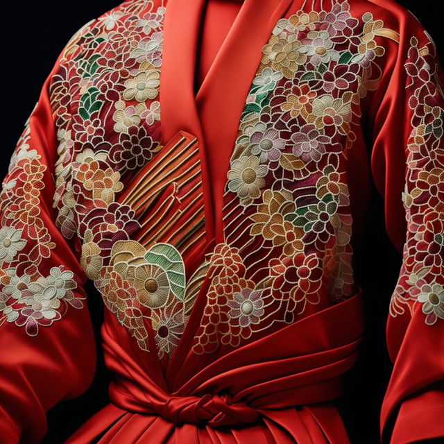 An HD, editorial-style photograph showcases a close-up view of a traditional Japanese embroidery on a silk garment