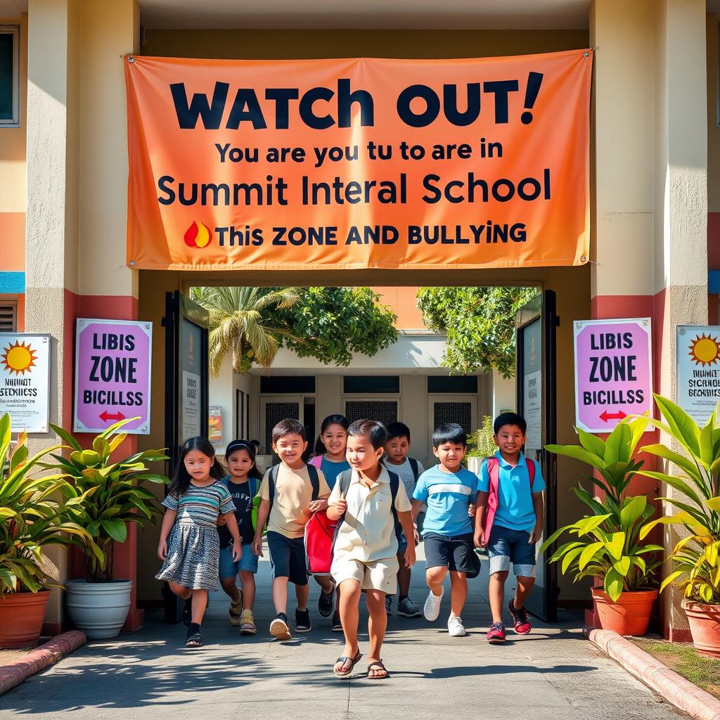 An engaging image that emphasizes the message 'Watch out! You are in Summit International School - This Zone is Free of Bullying'