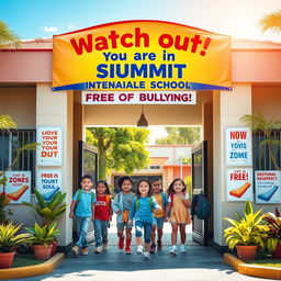 An engaging image that emphasizes the message 'Watch out! You are in Summit International School - This Zone is Free of Bullying'