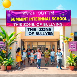 An engaging image that emphasizes the message 'Watch out! You are in Summit International School - This Zone is Free of Bullying'
