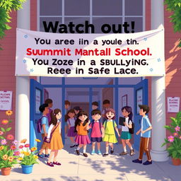 A vibrant image illustrating the message 'Watch out! You are in Summit International School - This Zone is Free of Bullying - You Are in a Safe Place'