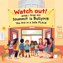 A vibrant image illustrating the message 'Watch out! You are in Summit International School - This Zone is Free of Bullying - You Are in a Safe Place'