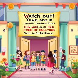 A vibrant image illustrating the message 'Watch out! You are in Summit International School - This Zone is Free of Bullying - You Are in a Safe Place'