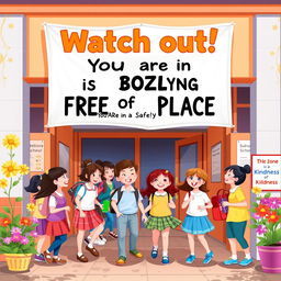 A vibrant image illustrating the message 'Watch out! You are in Summit International School - This Zone is Free of Bullying - You Are in a Safe Place'