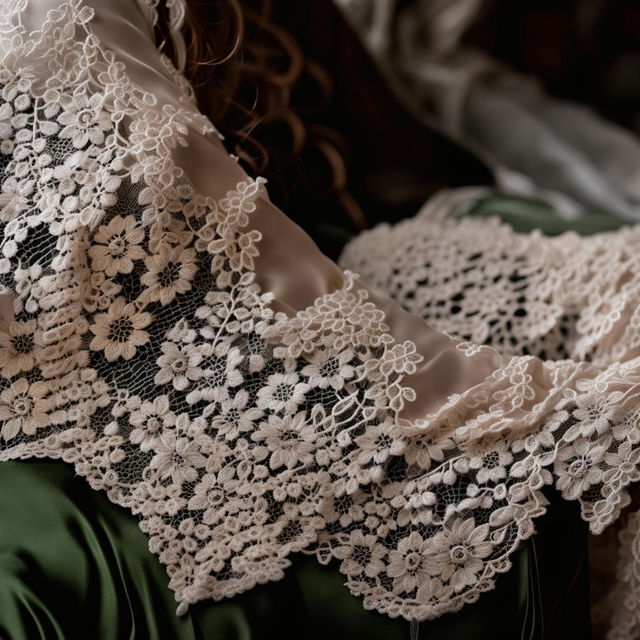 A high-definition, editorial photograph showcasing the intricate details of lace embroidery on a silk garment