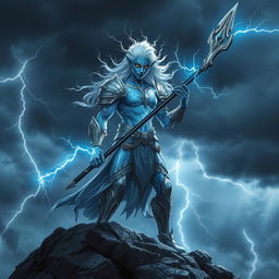 A powerful lightning genasi warrior standing on a rocky cliff, surrounded by dark storm clouds