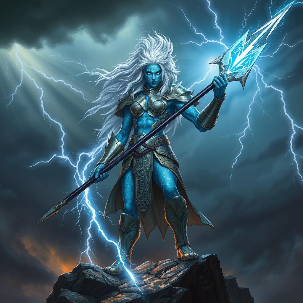 A powerful lightning genasi warrior standing on a rocky cliff, surrounded by dark storm clouds