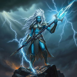 A powerful lightning genasi warrior standing on a rocky cliff, surrounded by dark storm clouds