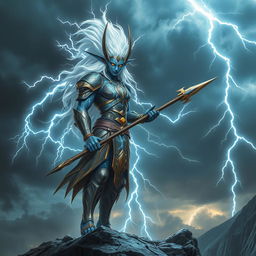 A powerful lightning genasi warrior standing on a rocky cliff, surrounded by dark storm clouds