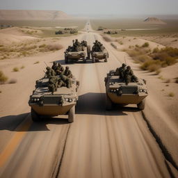 drone shot of 2 armored vehicles on a one-lane freeway bearing 10 combatants in military fatigue, armed with assault rifles, missile launcher and radio