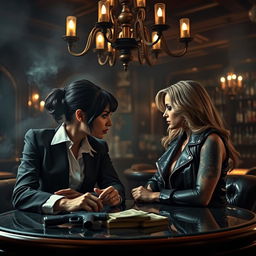 In a dimly lit, smoky room of an upscale mafia club, two fierce-looking women share an intense gaze across the table