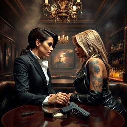 In a dimly lit, smoky room of an upscale mafia club, two fierce-looking women share an intense gaze across the table
