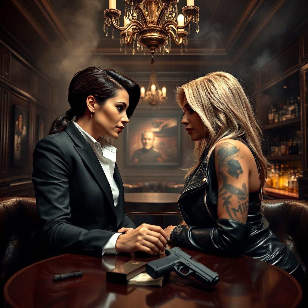 In a dimly lit, smoky room of an upscale mafia club, two fierce-looking women share an intense gaze across the table