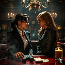In a dimly lit, smoky room of an upscale mafia club, two fierce-looking women share an intense gaze across the table