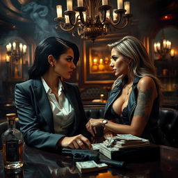 In a dimly lit, smoky room of an upscale mafia club, two fierce-looking women share an intense gaze across the table