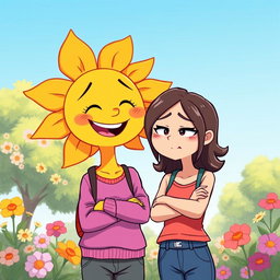 A charming narrative artwork depicting a joyful sunny character with a bright personality, characterized by vibrant colors and a warm smile