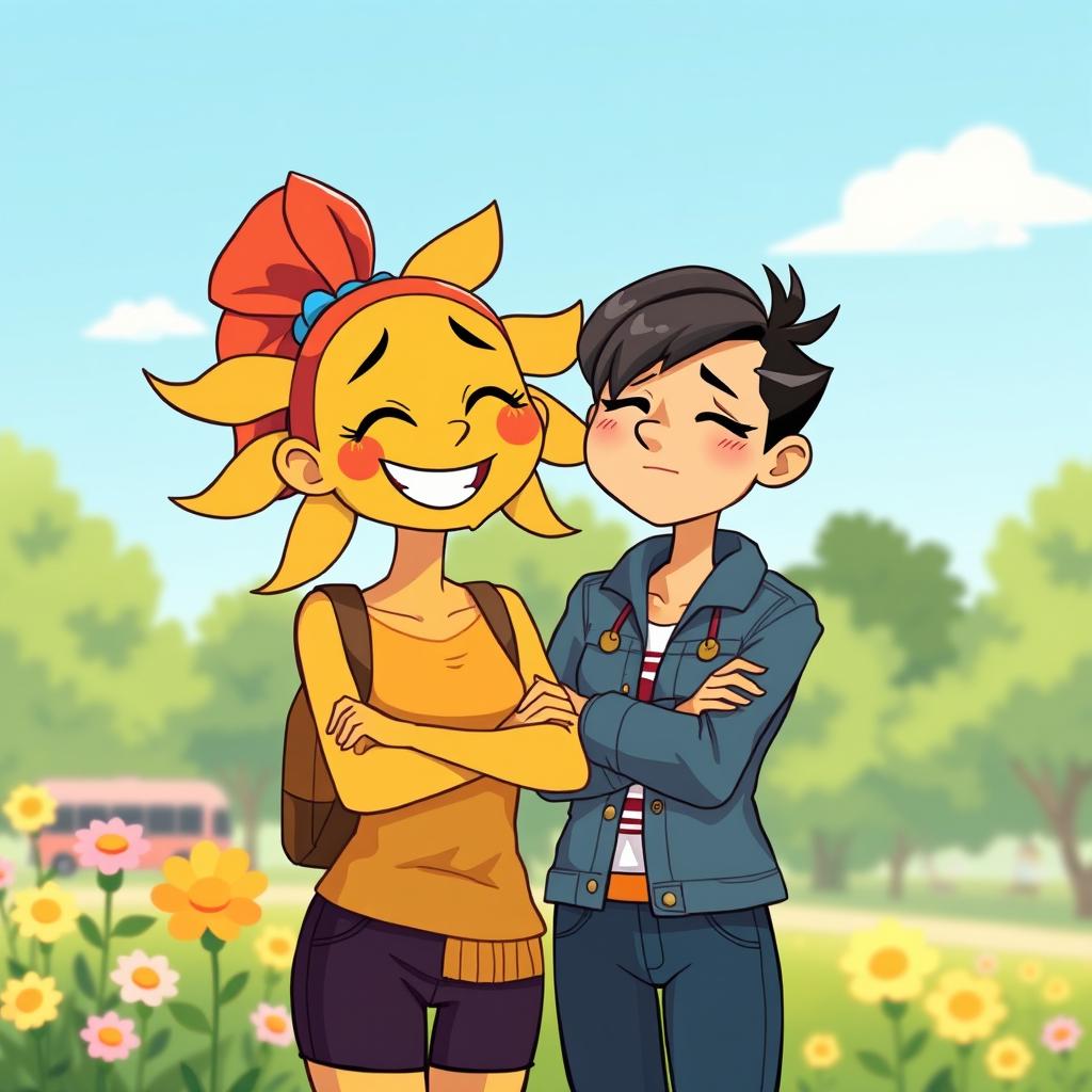 A charming narrative artwork depicting a joyful sunny character with a bright personality, characterized by vibrant colors and a warm smile