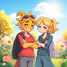 A charming narrative artwork depicting a joyful sunny character with a bright personality, characterized by vibrant colors and a warm smile