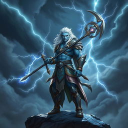 A male lightning genasi warrior standing confidently, wielding a halberd with electric arcs dancing along its blade