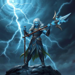 A male lightning genasi warrior standing confidently, wielding a halberd with electric arcs dancing along its blade