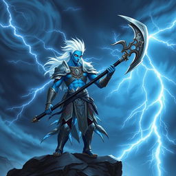 A male lightning genasi warrior standing confidently, wielding a halberd with electric arcs dancing along its blade