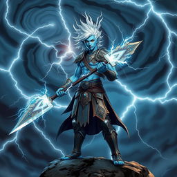 A male lightning genasi warrior standing confidently, wielding a halberd with electric arcs dancing along its blade